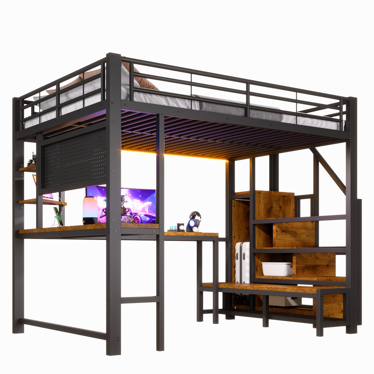 Loft Bed 140x200cm with Desk, LED Light & Storage, Black