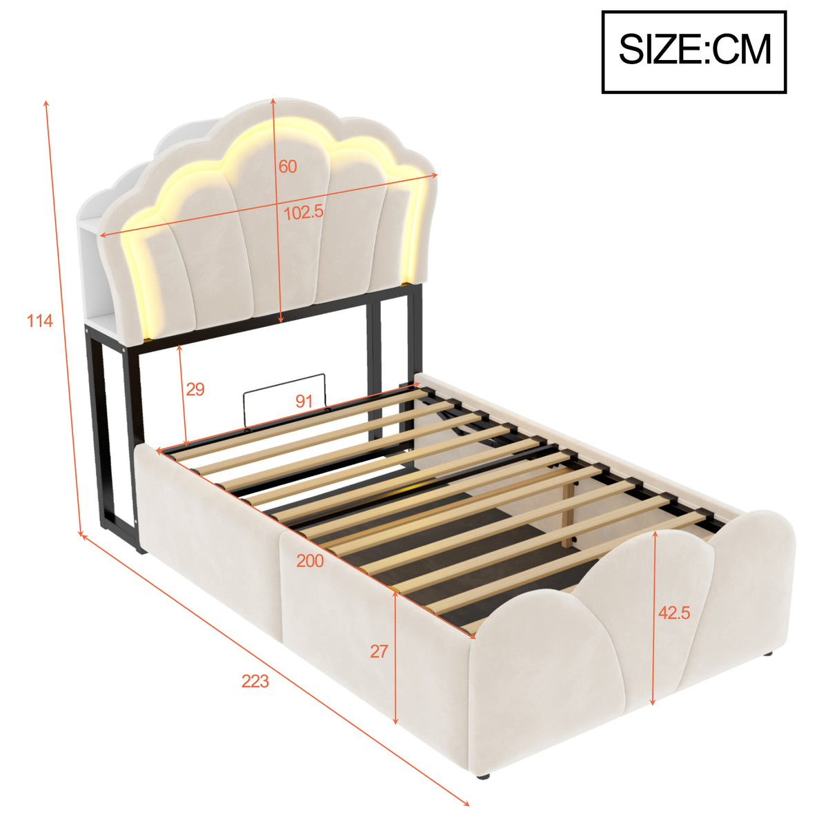 Upholstered Bed 90x200cm with Hydraulic Storage & LED, Beige Velvet