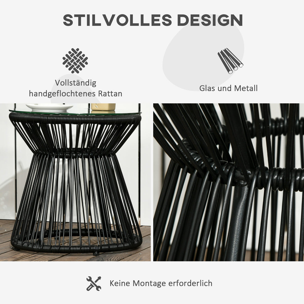 Round Garden Bistro Table, Hollow Drum Design Glass Top, Black