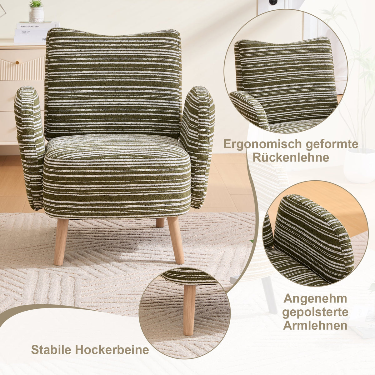 Modern Armchair with Side Pocket and Solid Wood Legs, Circular Pattern Fabric