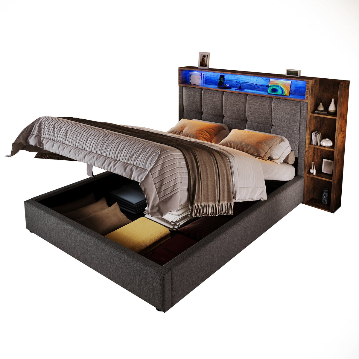 Upholstered Bed 90x200cm Storage LED USB/Type-C App Control - Linen Grey