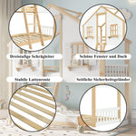 Bunk Bed, Children's with Windows & Roof, Safety Rails, Pine & MDF, White & Natural, 90x200cm