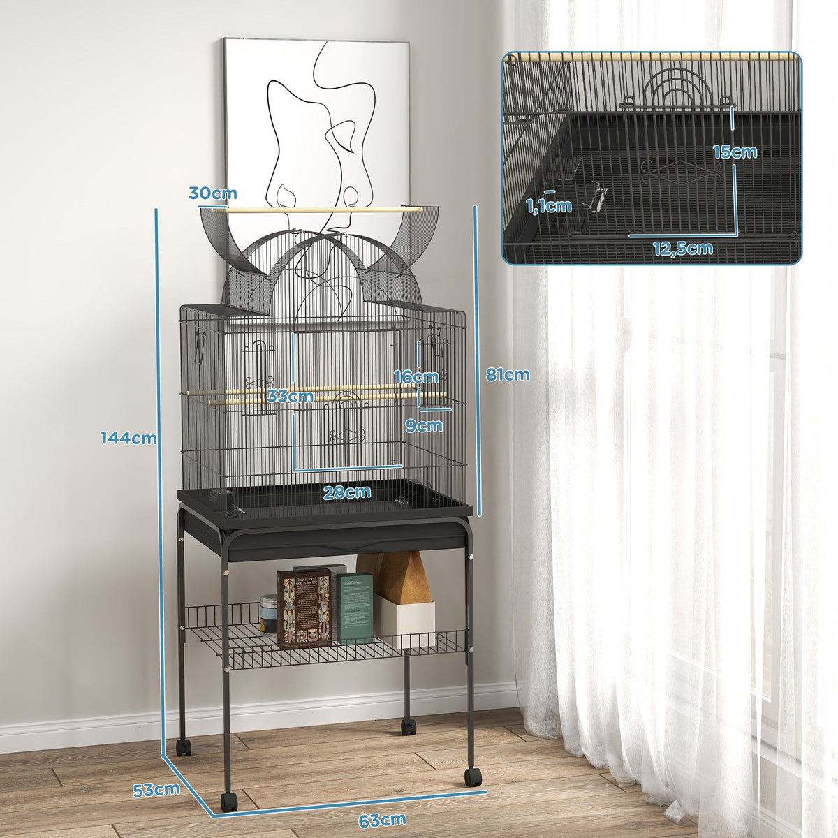 Large Bird Cage Tray Shelf Feeding Station Wheels Steel Black