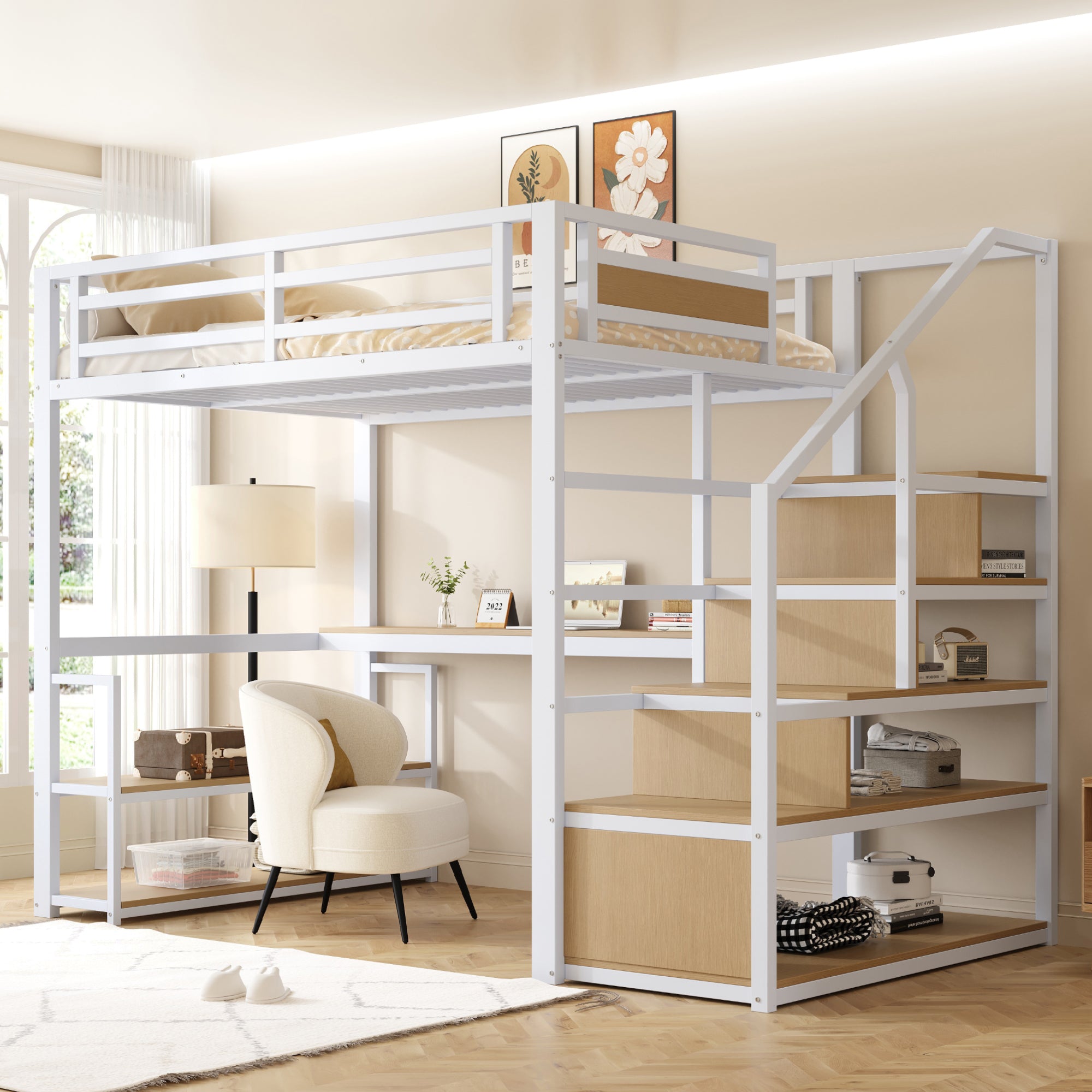 Metal Loft Bed 140x200 Storage Ladder Shelves Table, White