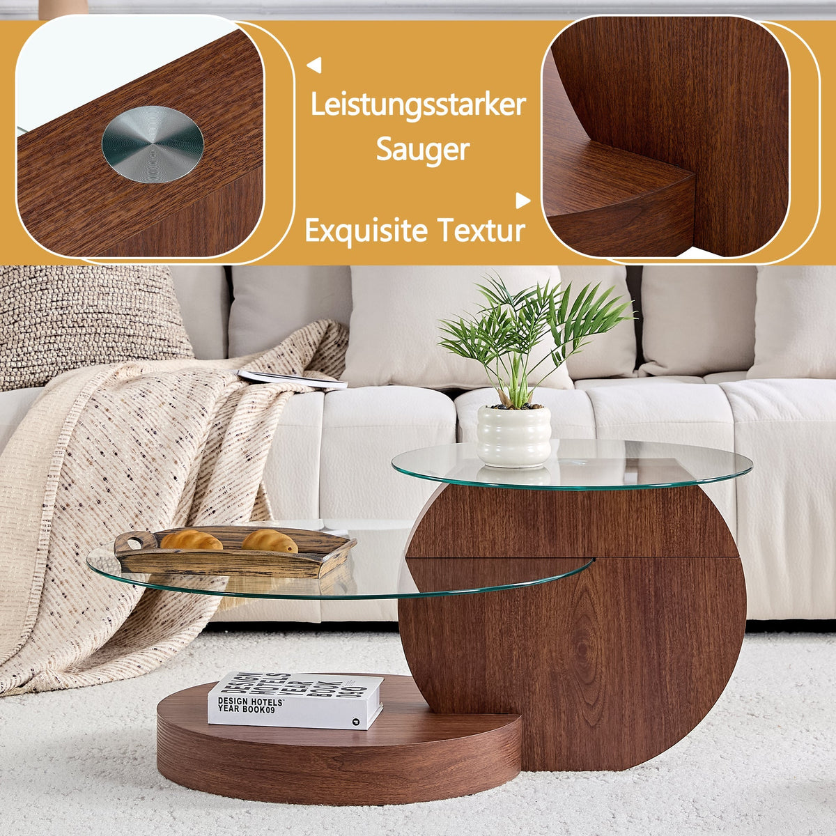 Modern Minimalist Coffee Table with Double-Layered Safety Glass and Multi-Tiered Design, Walnut Wood Grain Finish