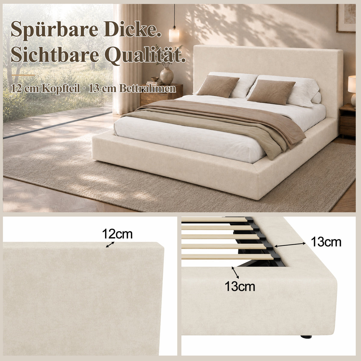 Upholstered Double Bed 180x200cm, Hydraulic Storage, Beige Chenille