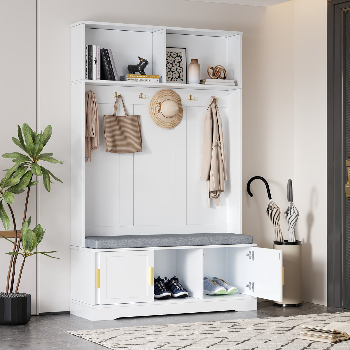 Coat rack with shoe bench, wardrobe, 6 triple hooks, freestanding, space-saving, white