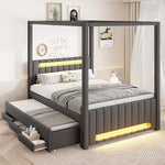 Upholstered Four-Poster Bed 140x200cm, Pull-Out & 3 Drawers, Grey