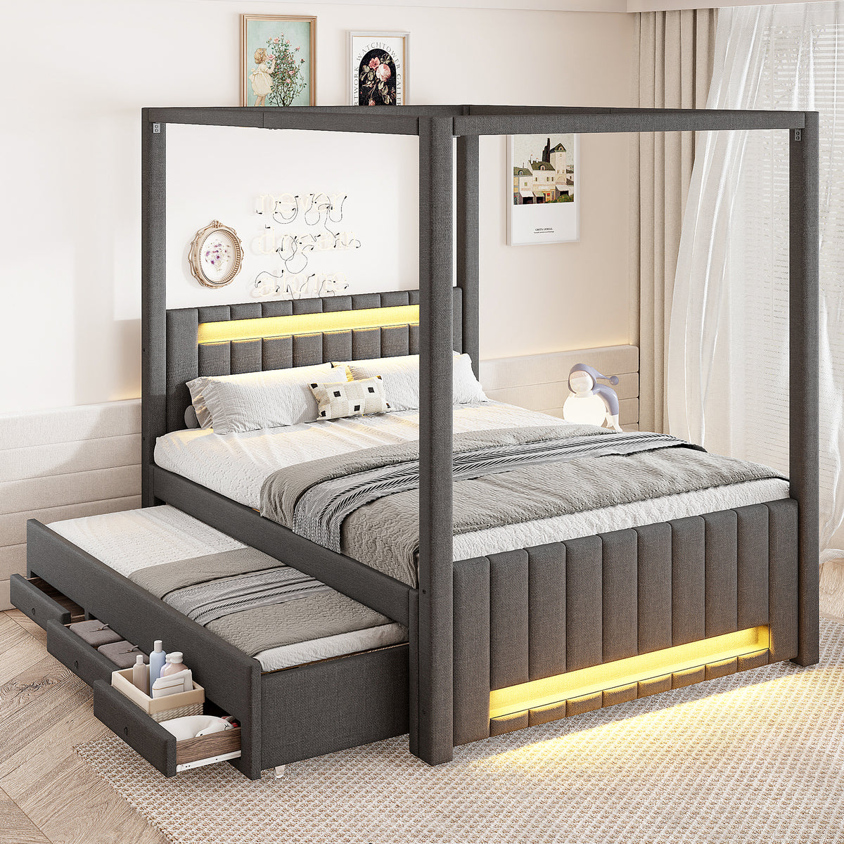 Upholstered Four-Poster Bed 140x200cm, Pull-Out & 3 Drawers, Grey