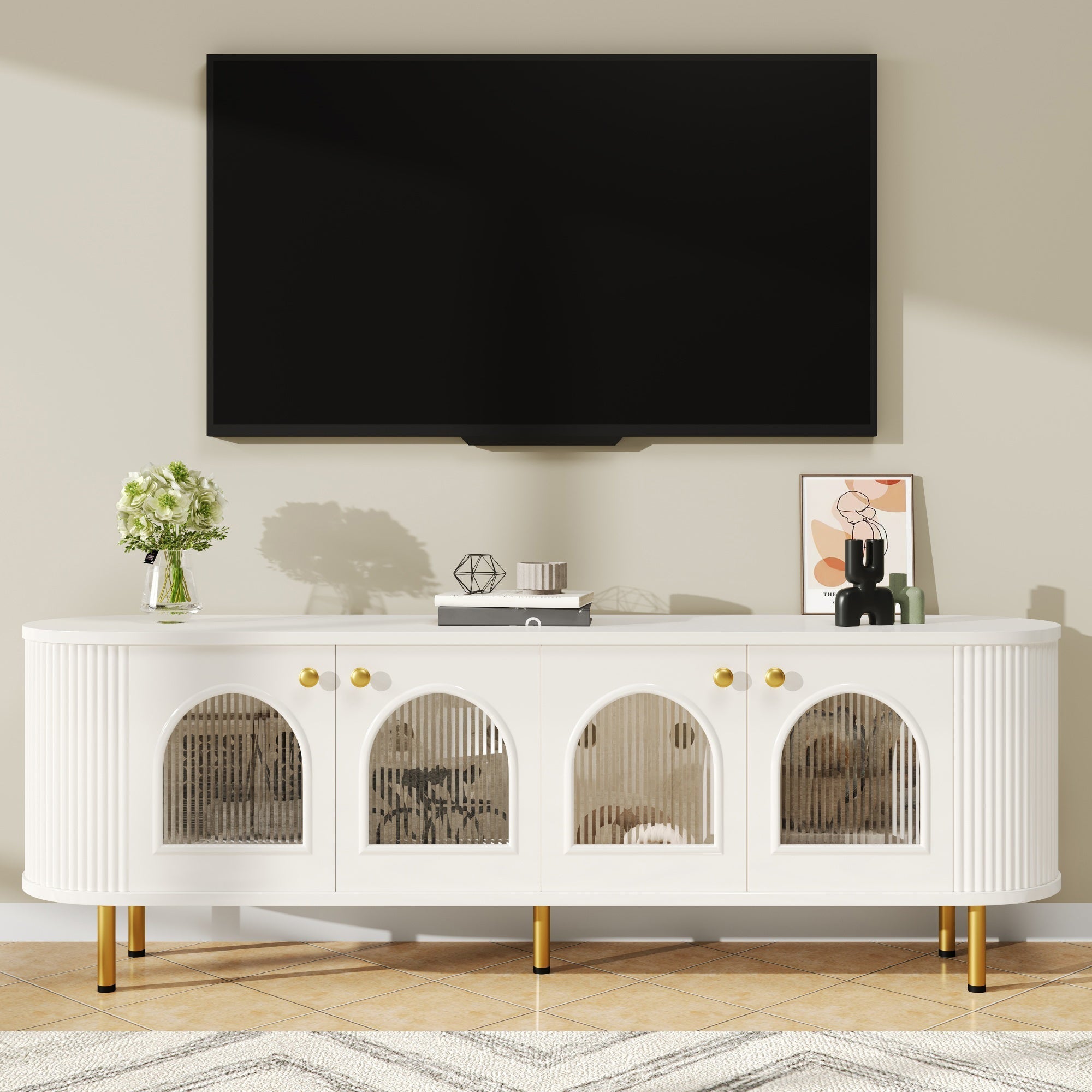 TV Cabinet Lowboard Glass Doors Storage Gold Handles/Legs