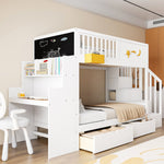 Bunk Bed with Storage Drawers, Safety Stairs, Desk and Star Motif, 90x200cm Solid Pine Wood, White