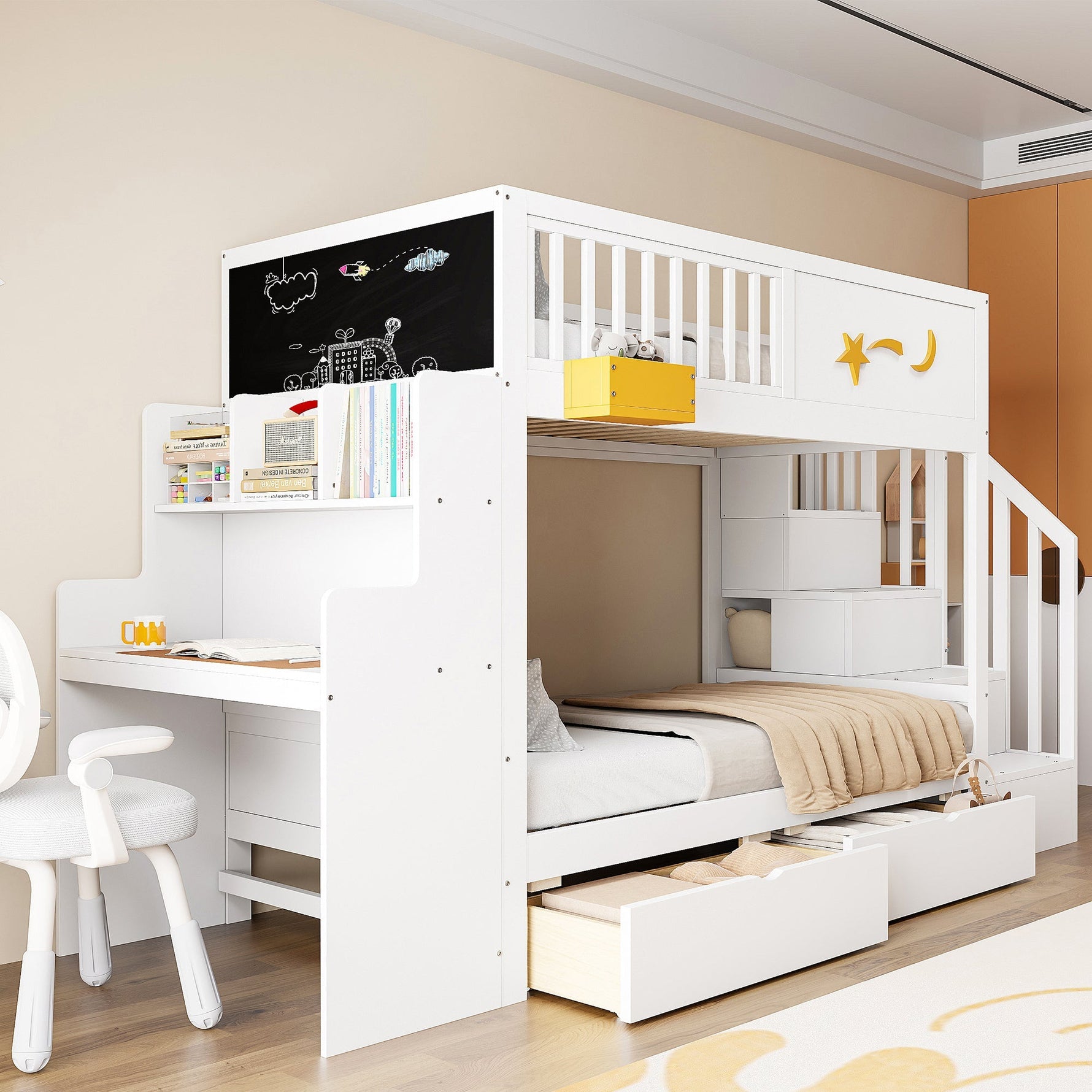 Bunk Bed with Storage Drawers, Safety Stairs, Desk and Star Motif, 90x200cm Solid Pine Wood, White