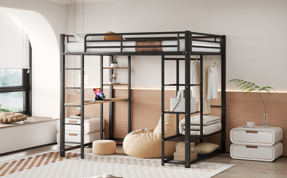 Metal Loft Bed, 140x200 cm, with Ladder, Table, and Storage, Black