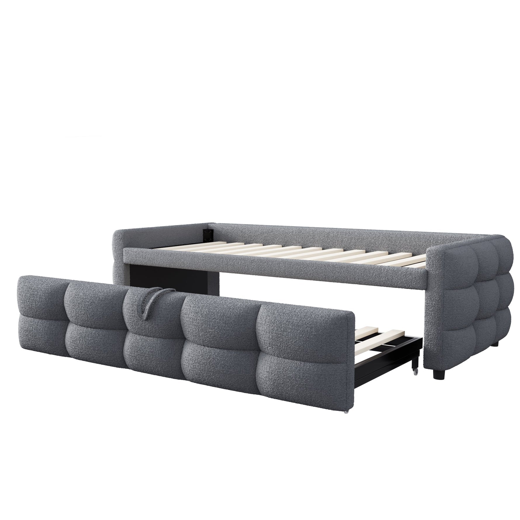 Extendable Upholstered Sofa Bed with Slatted Base and Teddy Velvet Fabric, Grey