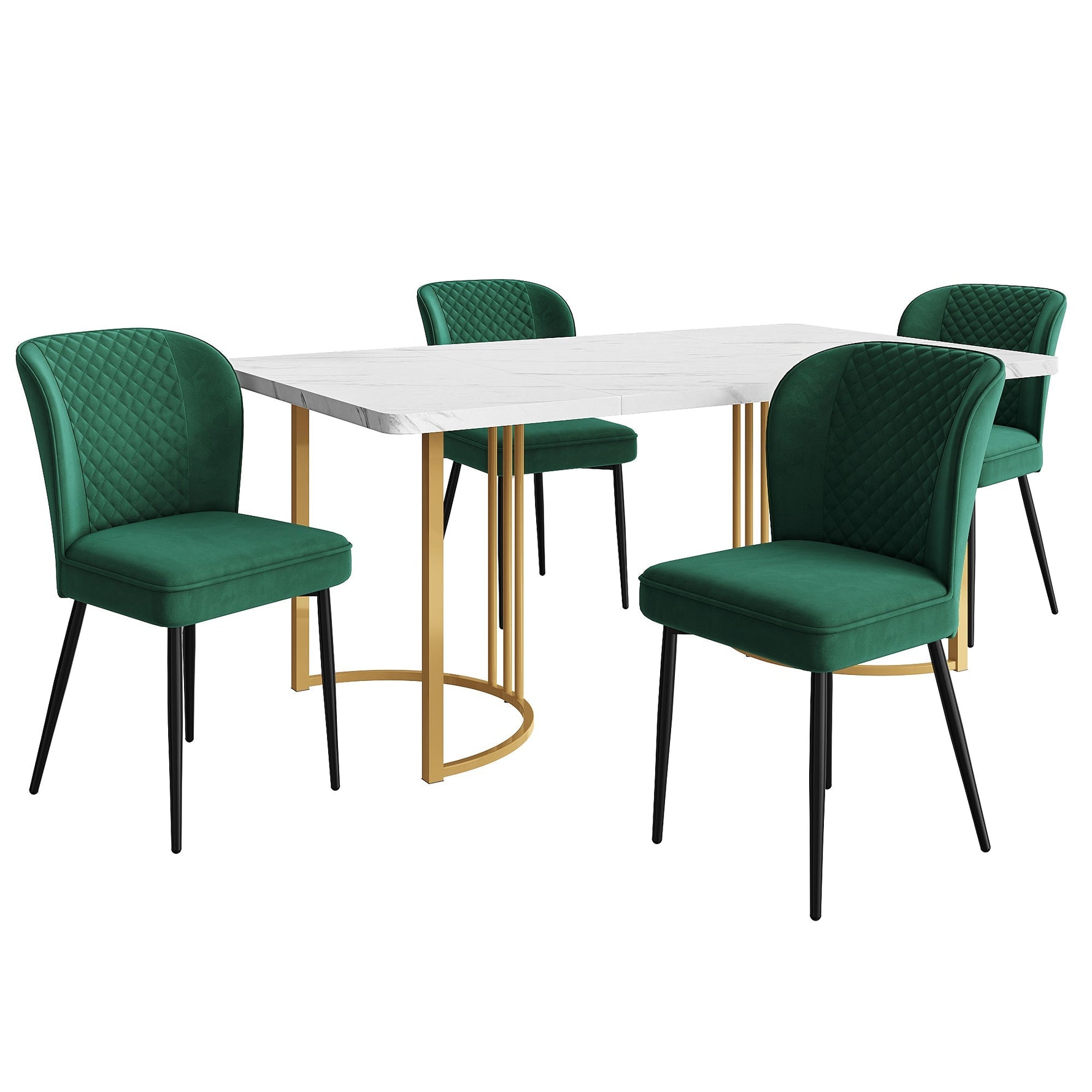Dining Set 5-Piece 140x80cm Modern Table & 4 Chairs Dark Green Velvet White MDF Gold