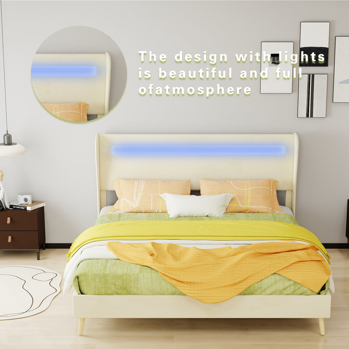 Modern Upholstered Bed with LED Headboard & Mattress, 160x200cm, Beige