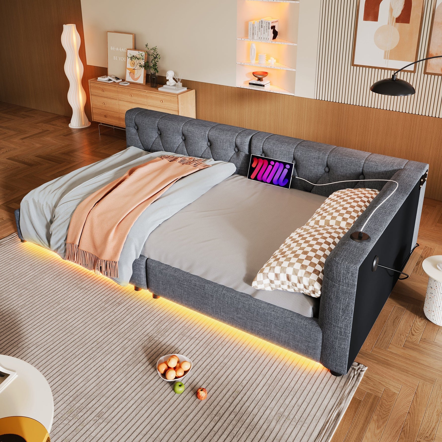 Sofa Bed Daybed 90x200cm Button Tufting Ambient LED USB-C Beige Linen