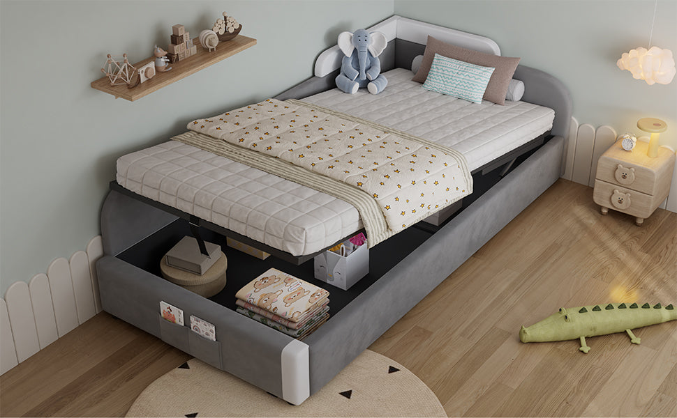 Upholstered Bed, Hydraulic with Storage, Velvet+Plywood Grey 90x200cm