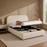 Upholstered Double Bed 140x200 cm with Storage, Beige Bouclé