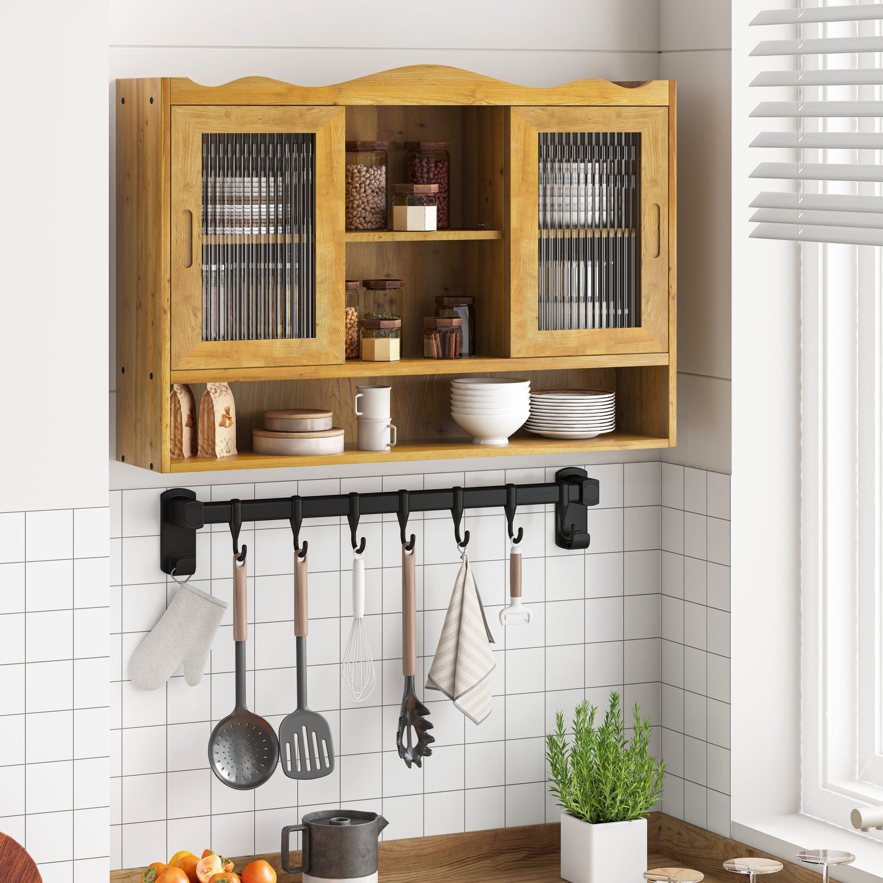 Retro 2 Door Sliding Cabinet 90CM Three Layers Storage Space, Natural Finish