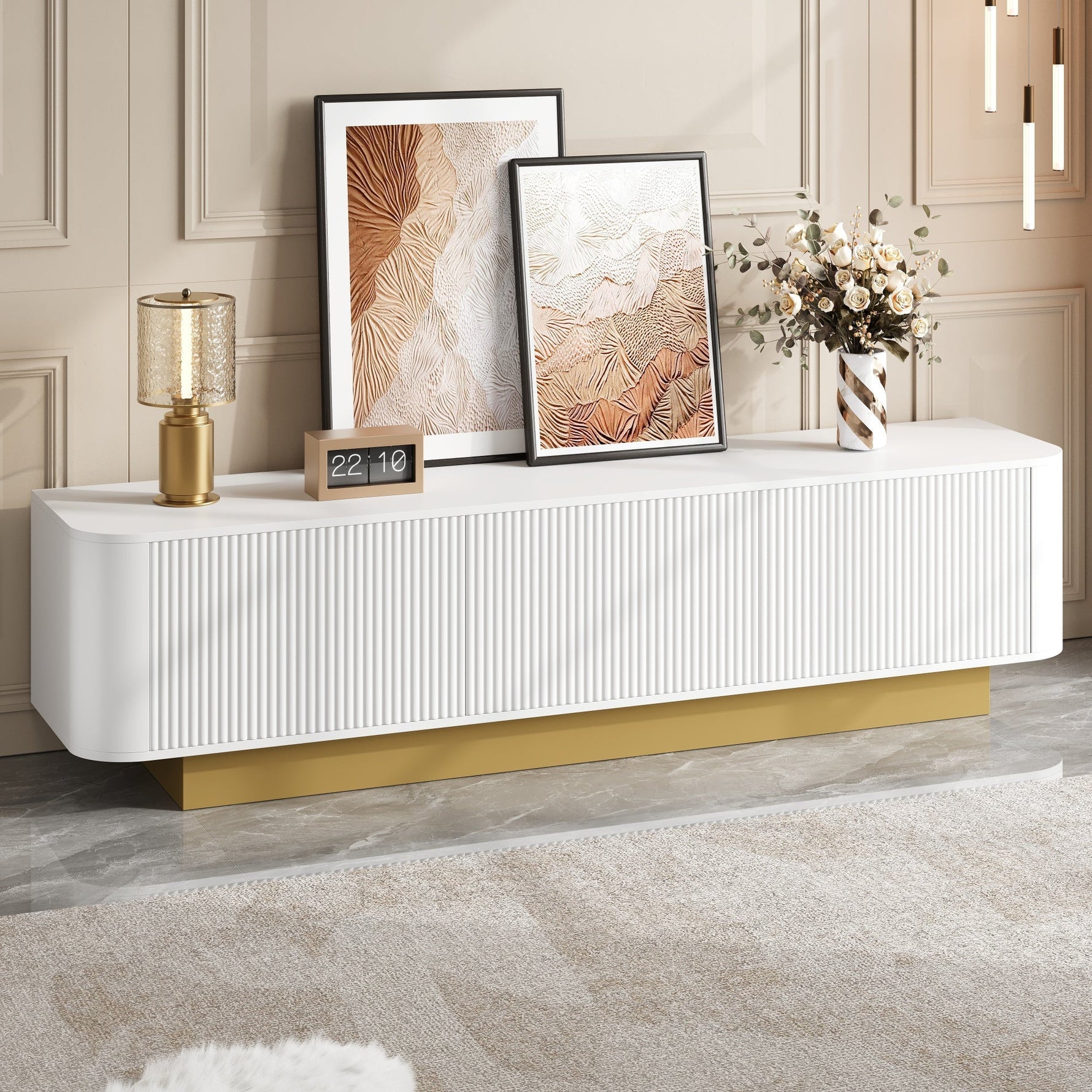 Modern TV Stand with Storage and Cable Management, Rounded Design, White