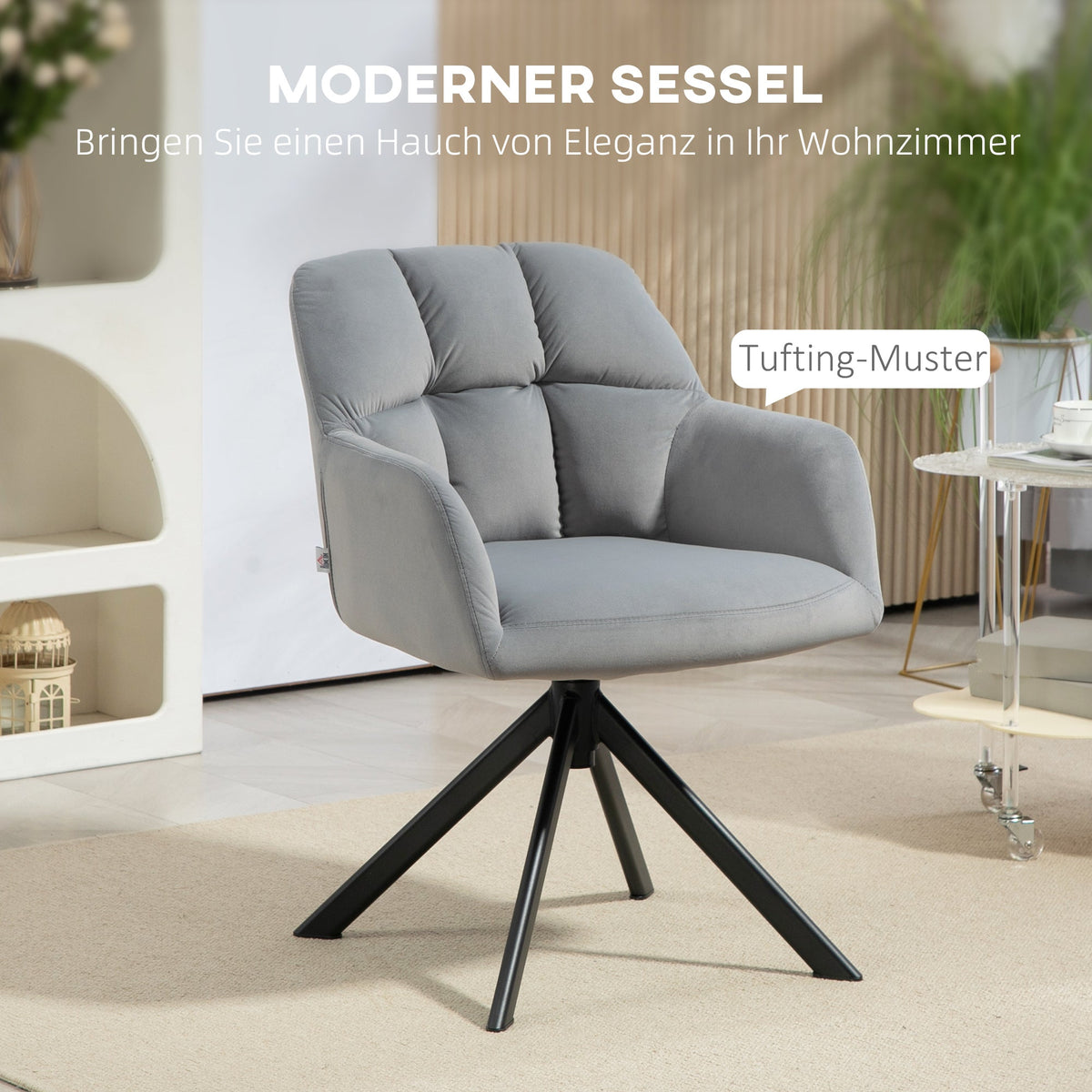 Swivel Lounge Chair with Armrest, Metal Legs, Grey Velvet