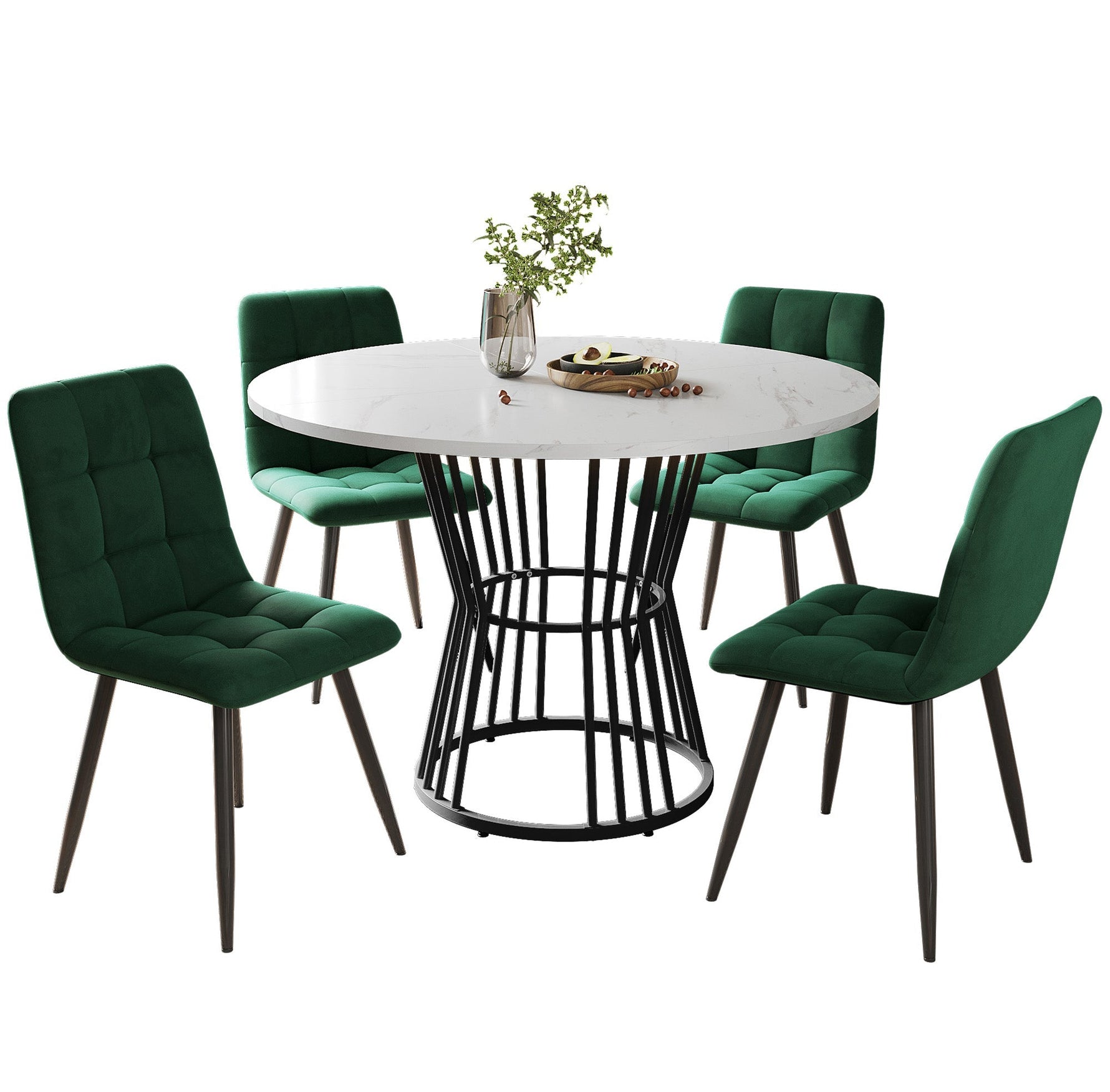 Dining Table Set 5-Piece Round 100cm Black Metal White MDF Green Velvet