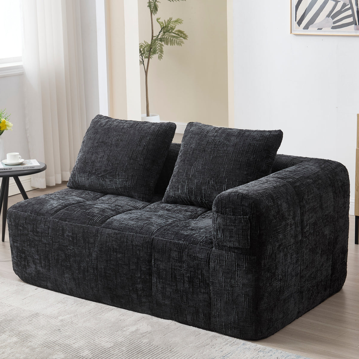 Sofa 2-Person Plush Cushion Side Pockets, No Assembly, Black
