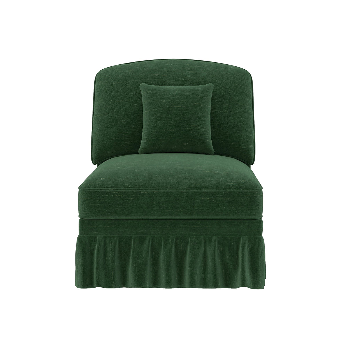 Windsor Armless Sofa with Removable Ruffle Skirt and Cushion, Green Chenille