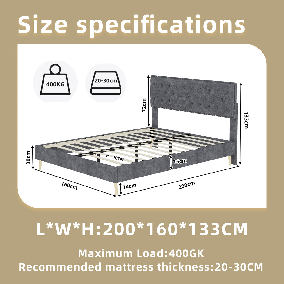 Modern Minimalist Soft Bed with 160x200cm Mattress, Gray