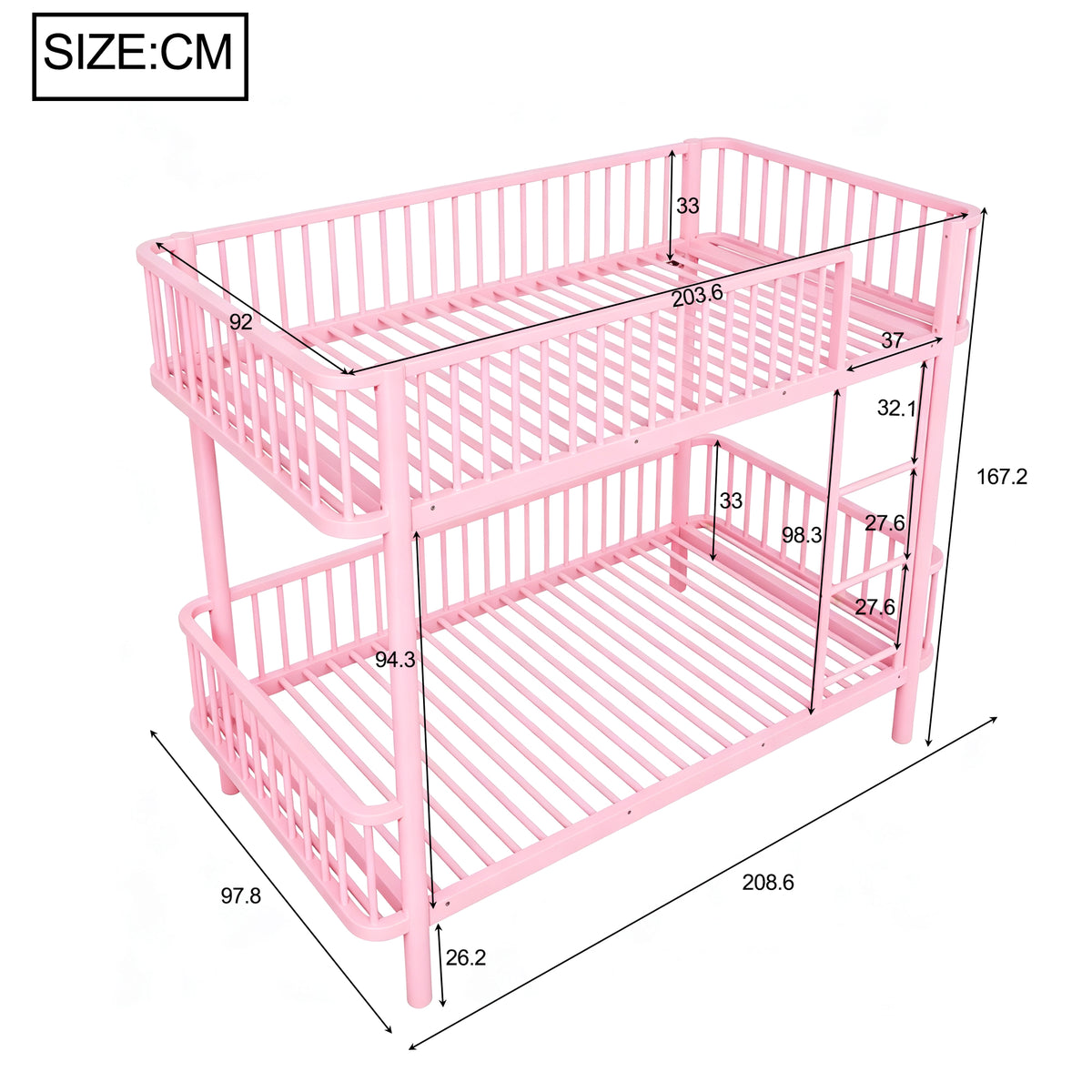 Metal Bunk Bed 90x200 with Safety Railing, Space-Saving, Black, Pink