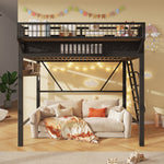 Loft Bed 140x200 cm with Storage Compartments, Black Metal