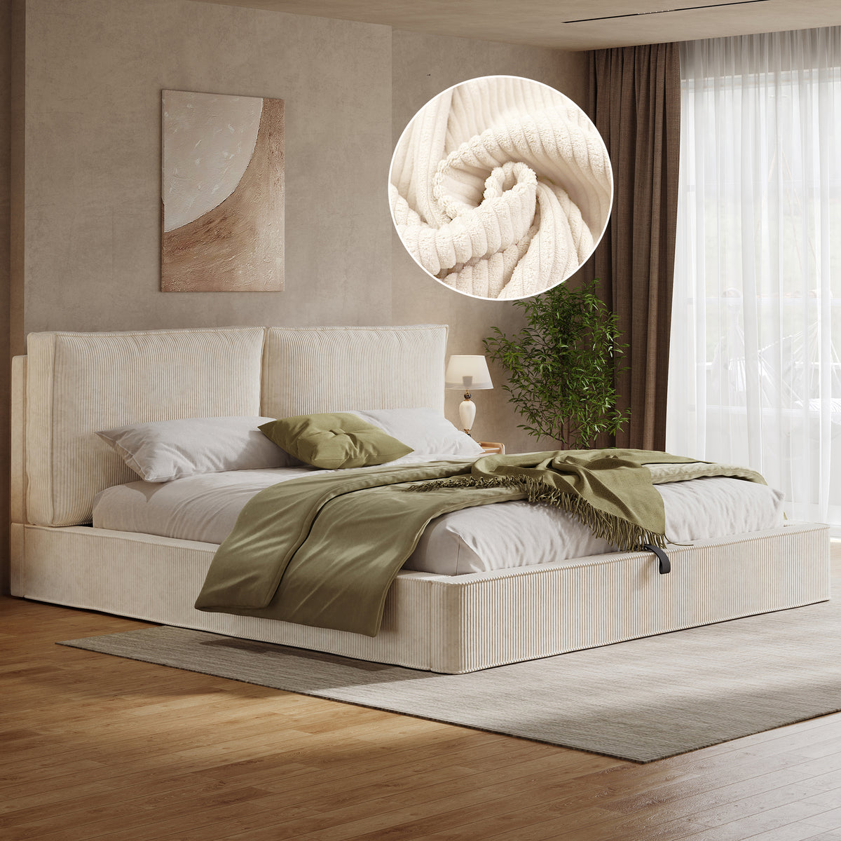 Upholstered Double Bed 180x200cm, Hydraulic Frame, Beige Corduroy