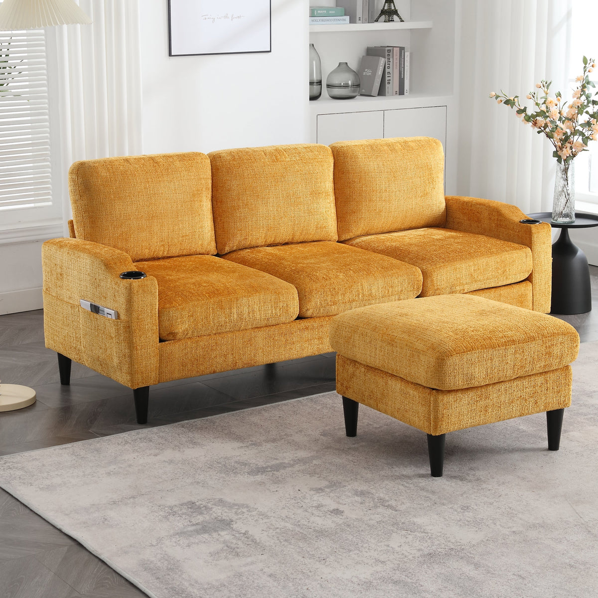 Sofa, 4-Seater with Footstool, Storage & Cupholder, Velvet