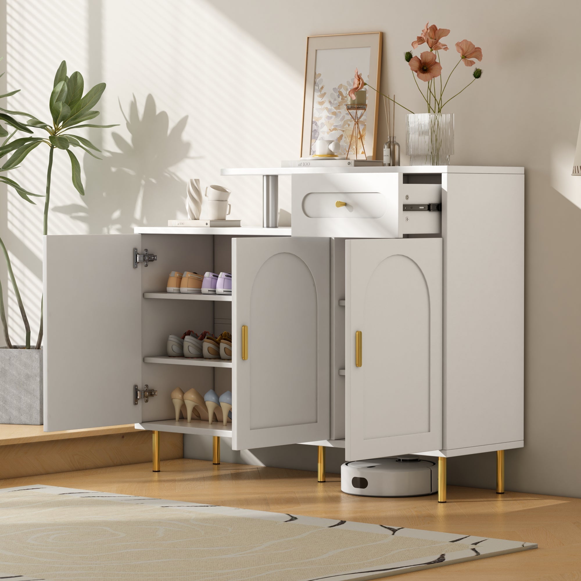 Chest of Drawers with Metal Handles, 1 Drawer, 3 Doors, on Metal Feet, White