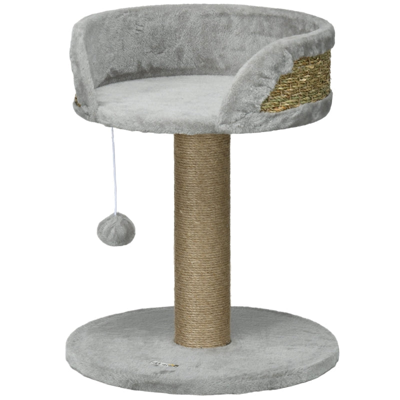 PawHut Cat Tree Small, Cat Scratching Post with Play Ball Lying Area, Jute Grey