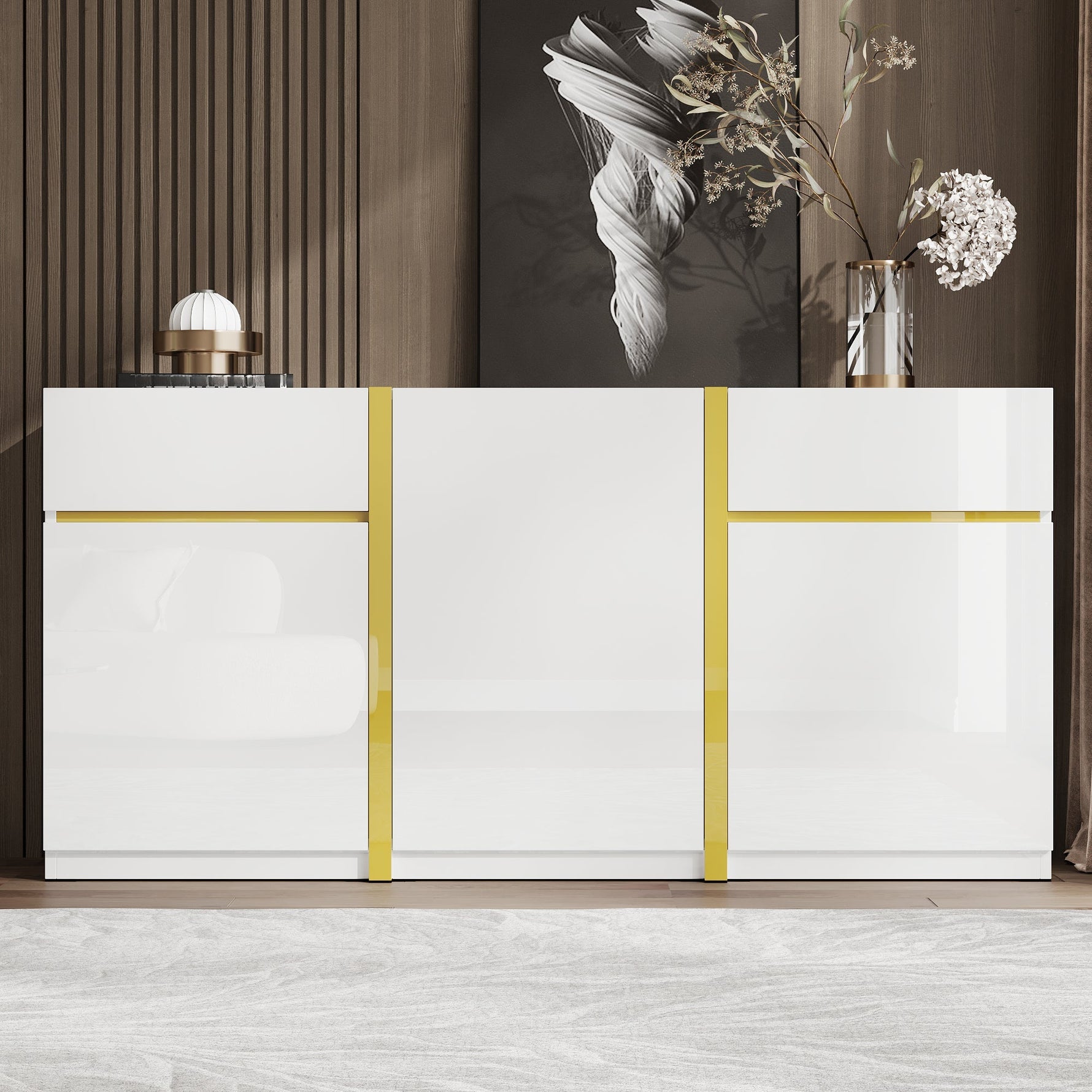 Luxurious Sideboard with 3 Doors and 2 Drawers, High-Gloss Lacquer Finish, White Wood