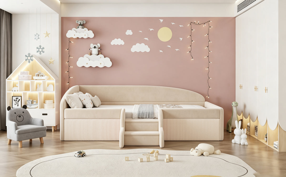 Children's Upholstered Bed 90x190cm with Steps, Beige Velvet