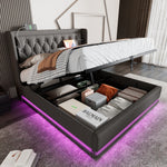 Upholstered Bed Double 140x200 cm, Hydraulic Storage, USB-C Charging, 3-Sided LED, Gray Cotton