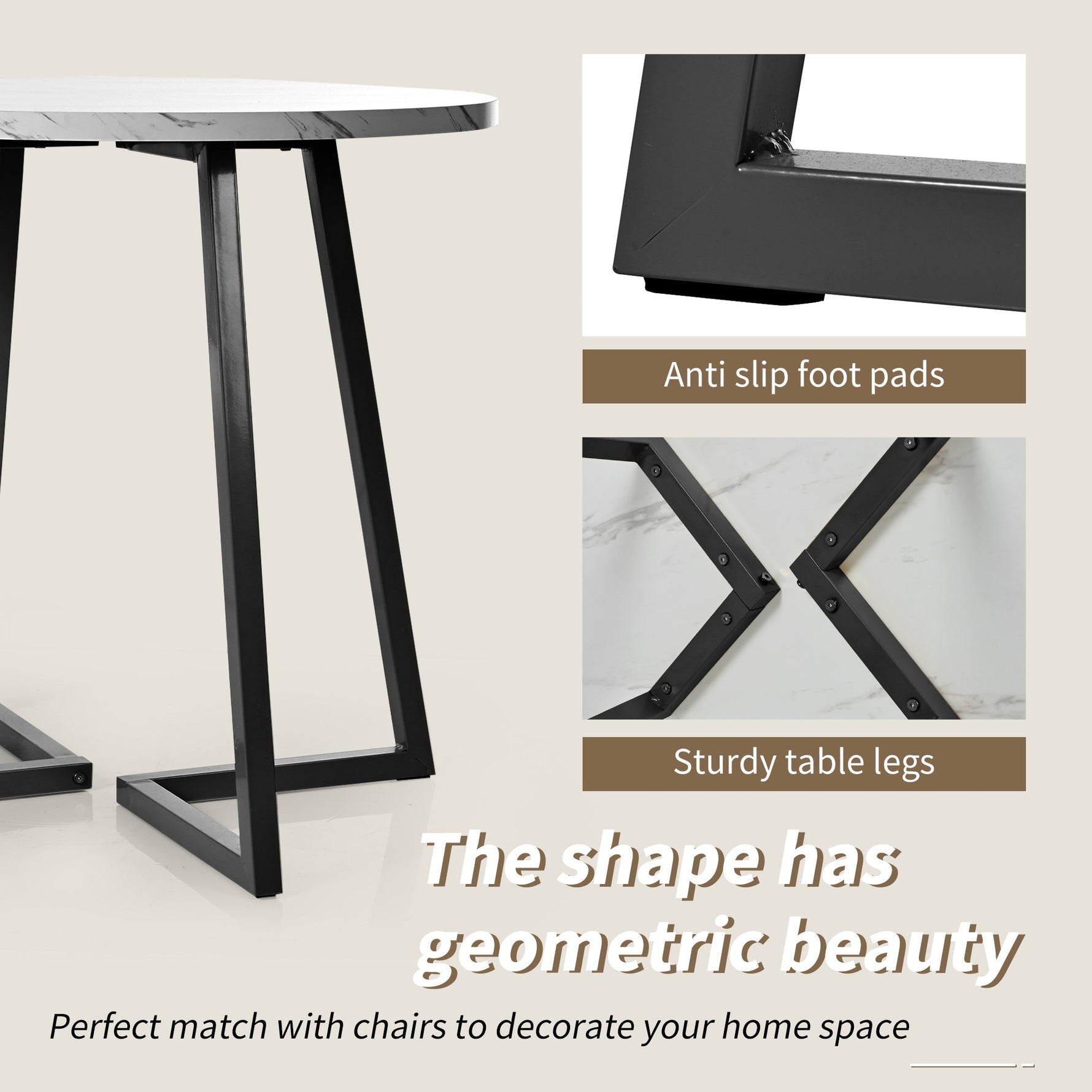 Round Dining Table, Modern Marble Pattern, Unique Metal Frame, White/Black