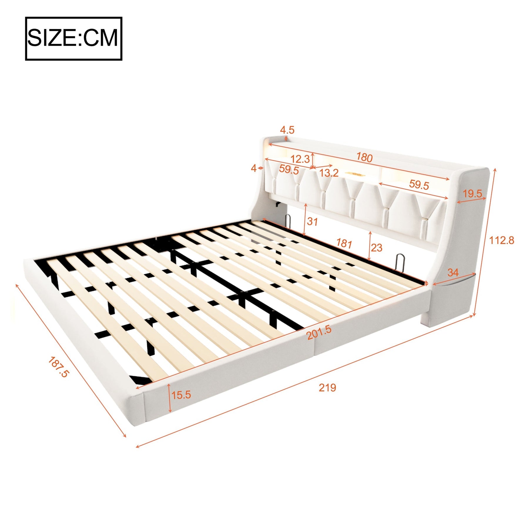 Upholstered Bed 180 x 200 cm with Storage Headboard, Charging Station and LED Lighting, Beige Velvet Fabric