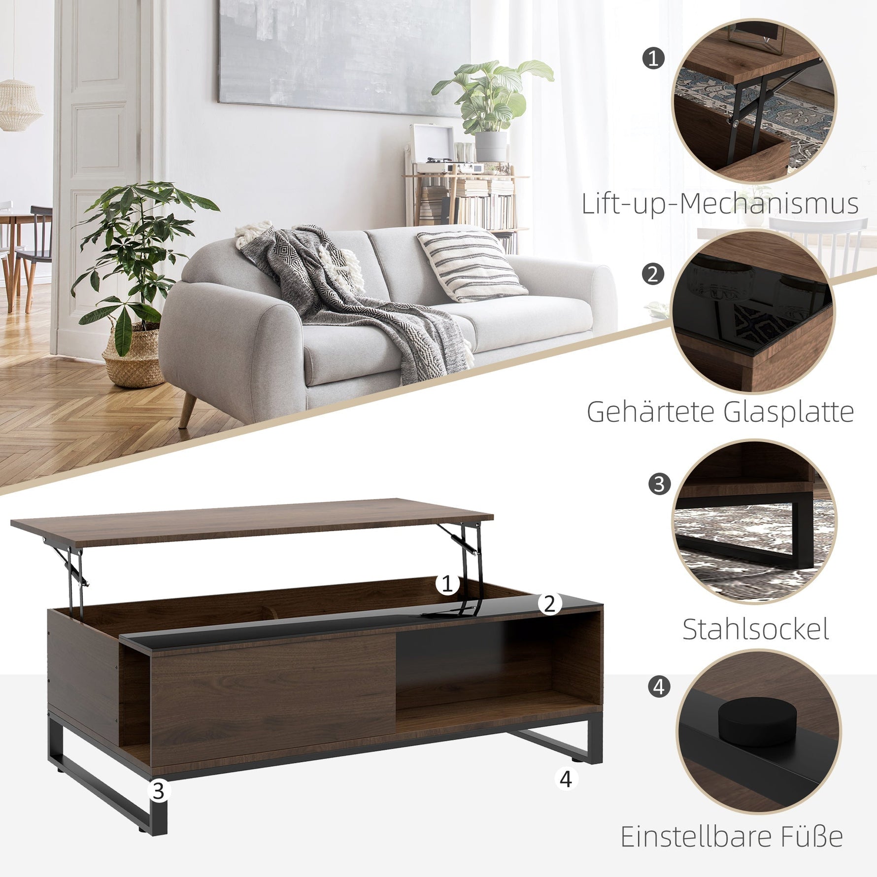 Coffee Table with Lifting Function & Storage, Steel in Walnut Black