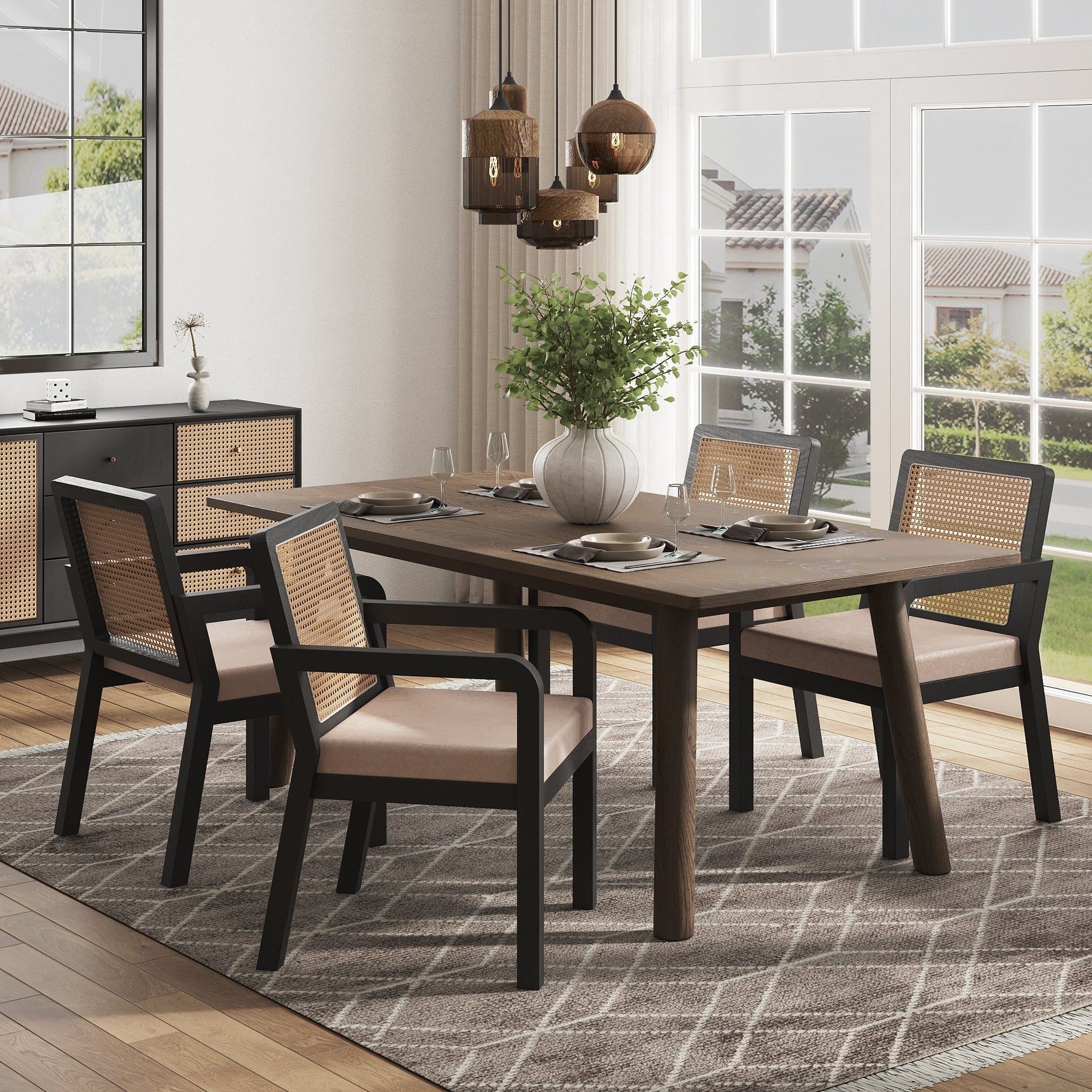 Dining Chair Set of 2 Rattan Backrest Rubberwood Legs - Velour Fabric
