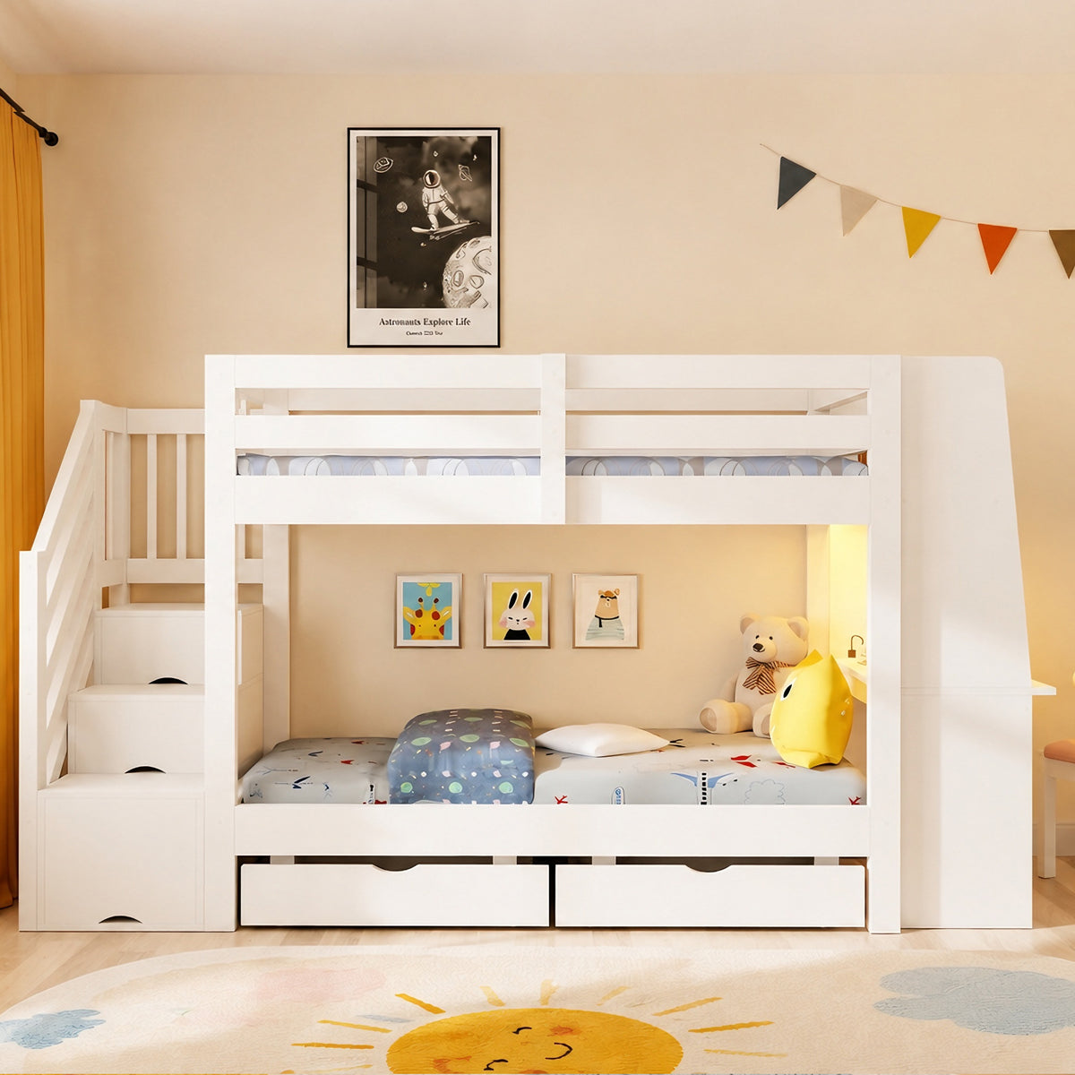 Children's Bunk Bed 90x200cm with Desk & Storage, White Wood