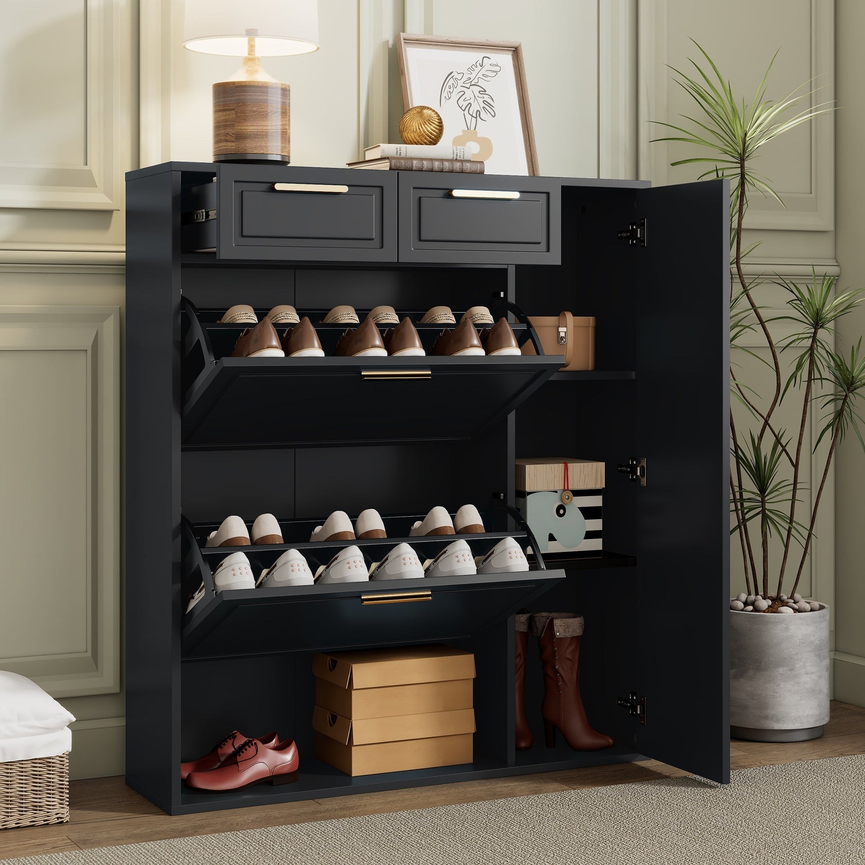 Modern Shoe Cabinet with Adjustable Shelves, Gold Handles, Drawers, Folding Doors, Black