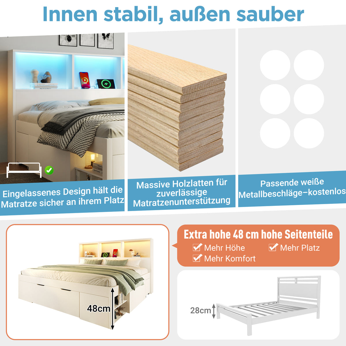 Double Bed 140x190cm with Storage, LED & USB, White Wood