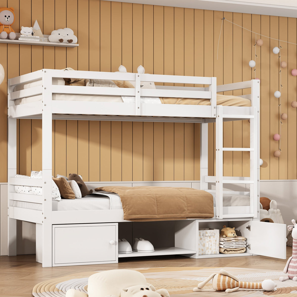 Bunk Bed Children's Shoe Racks Lockers Divisible 2 Single Beds, White 90x200cm