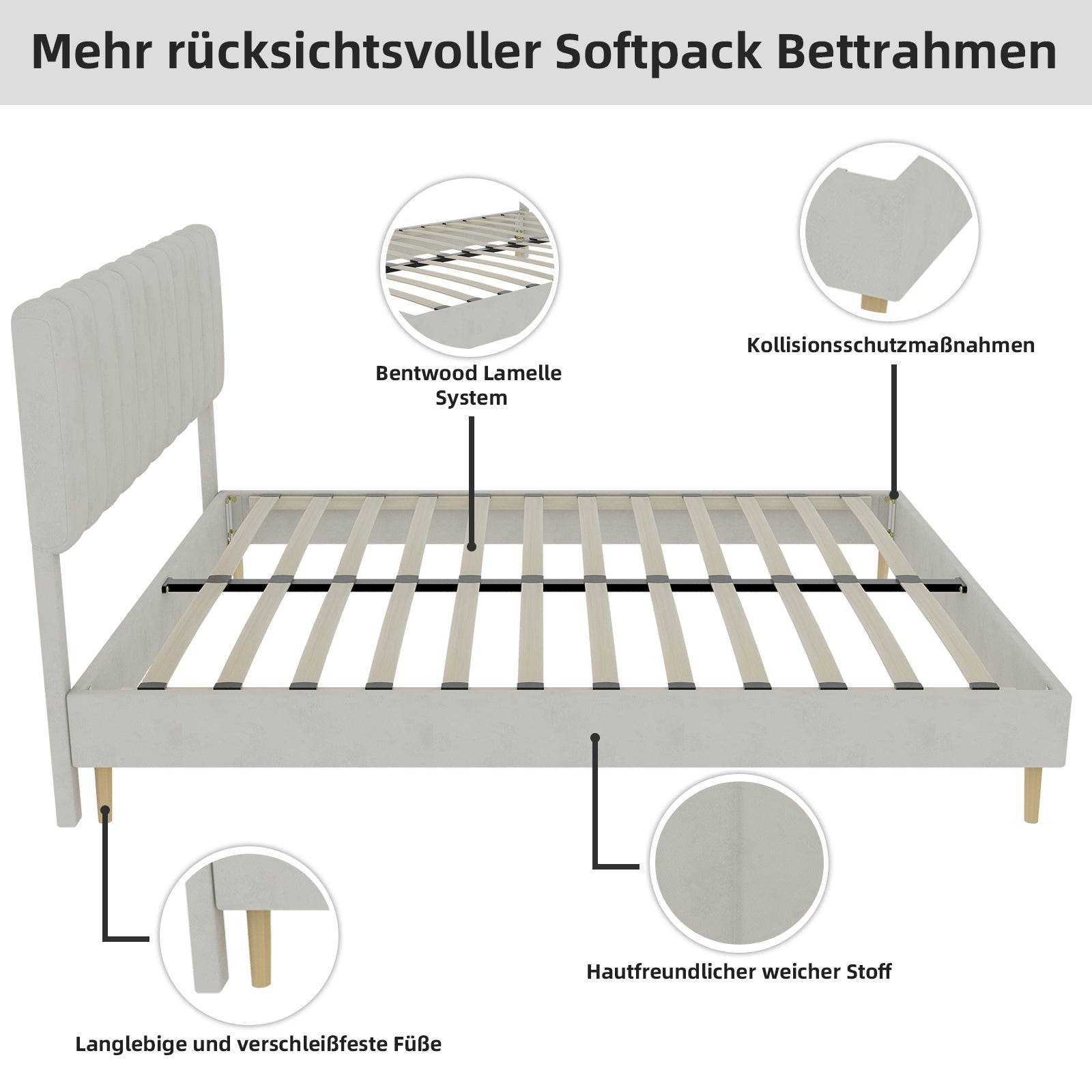 Upholstered Bed, Minimalist Plush Headboard 140x200cm, Beige