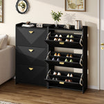 Shoe Cabinet with 6 Drop-Down Doors and Adjustable Width, Two-Piece Set, Black MDF