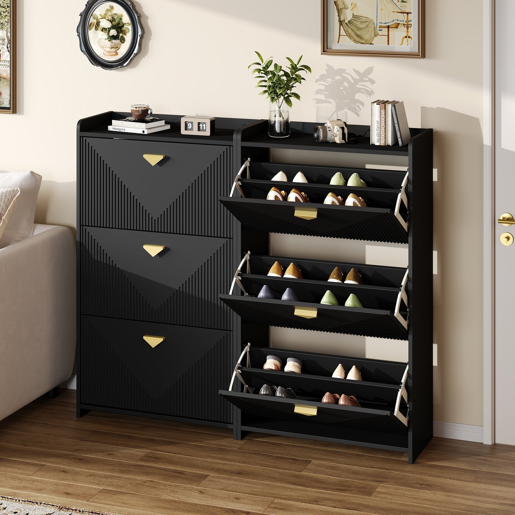 Shoe Cabinet with 6 Drop-Down Doors and Adjustable Width, Two-Piece Set, Black MDF
